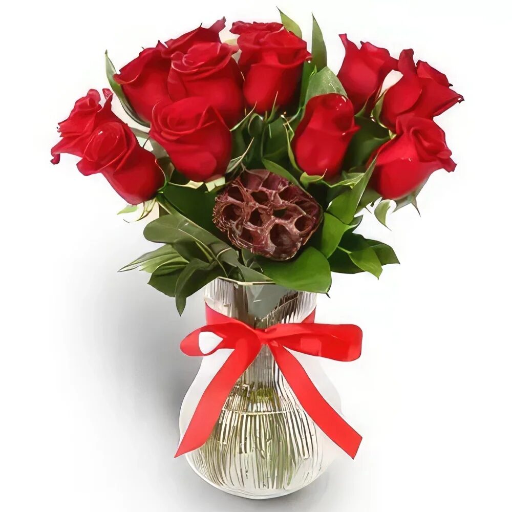 Red Roses with Single Ruscus and Stem Dry Lotus Flower
