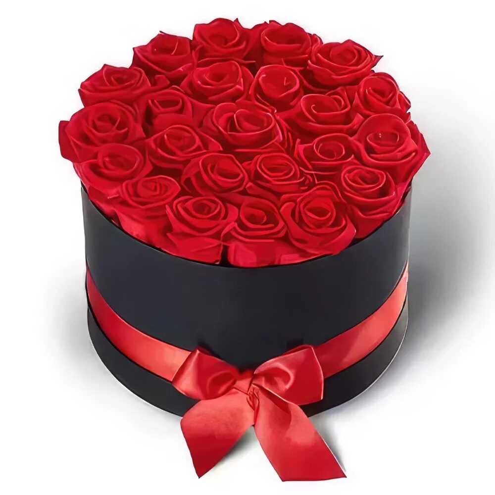 Red Roses in Black Round Box