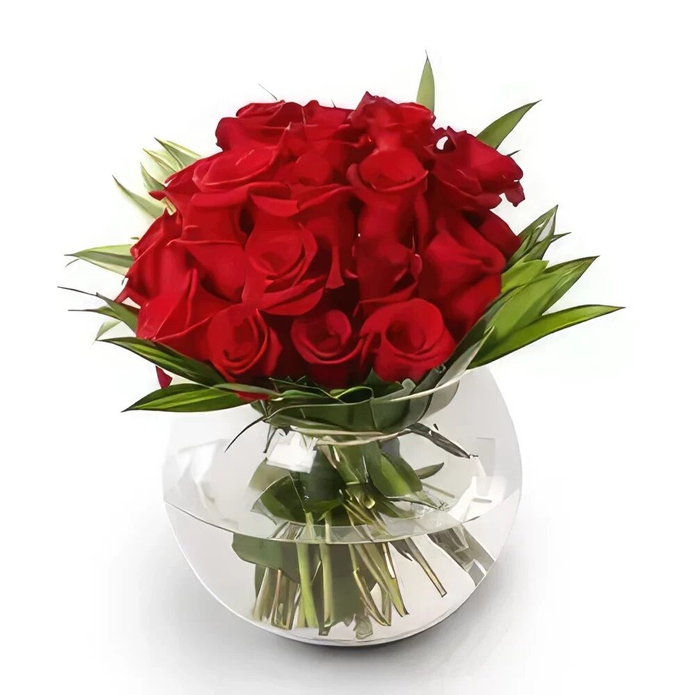 Red Roses with Leaves in Fishbowl