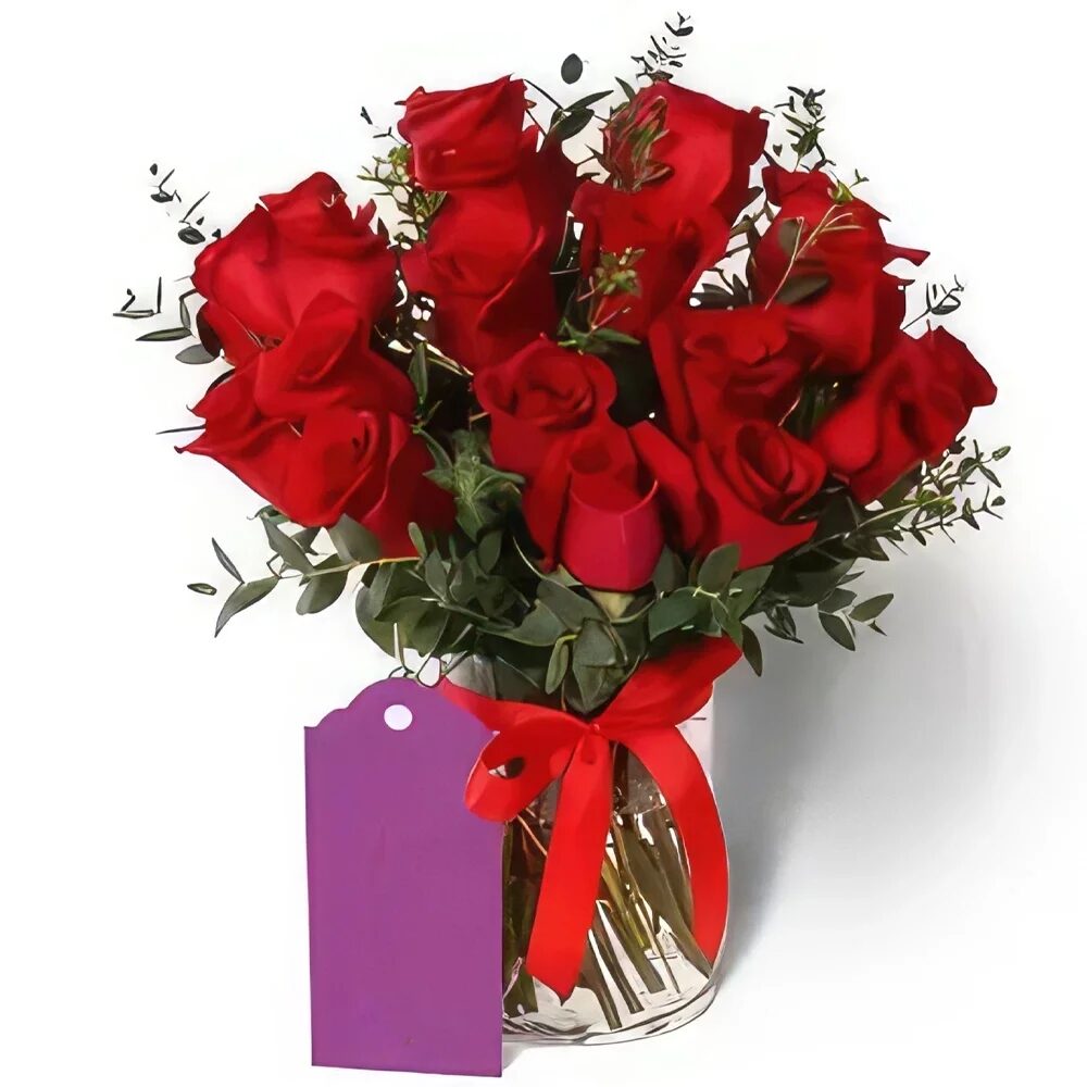 Red Roses& Palviforia Leaves in Glass Vase