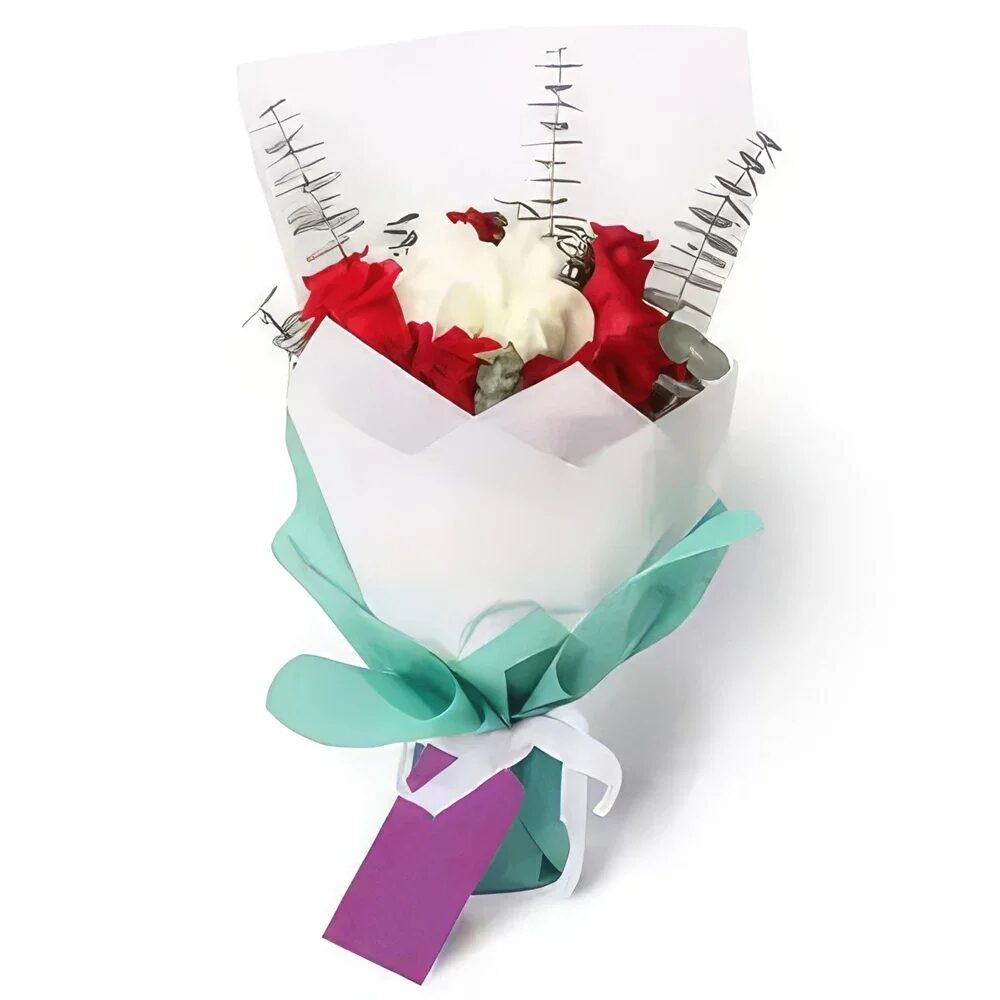 Red& White Roses in a Green and White Wrapping