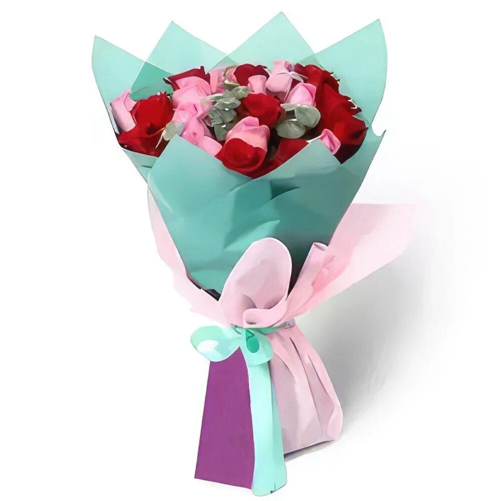 Red& Pink Roses in Green and Pink Wrapping