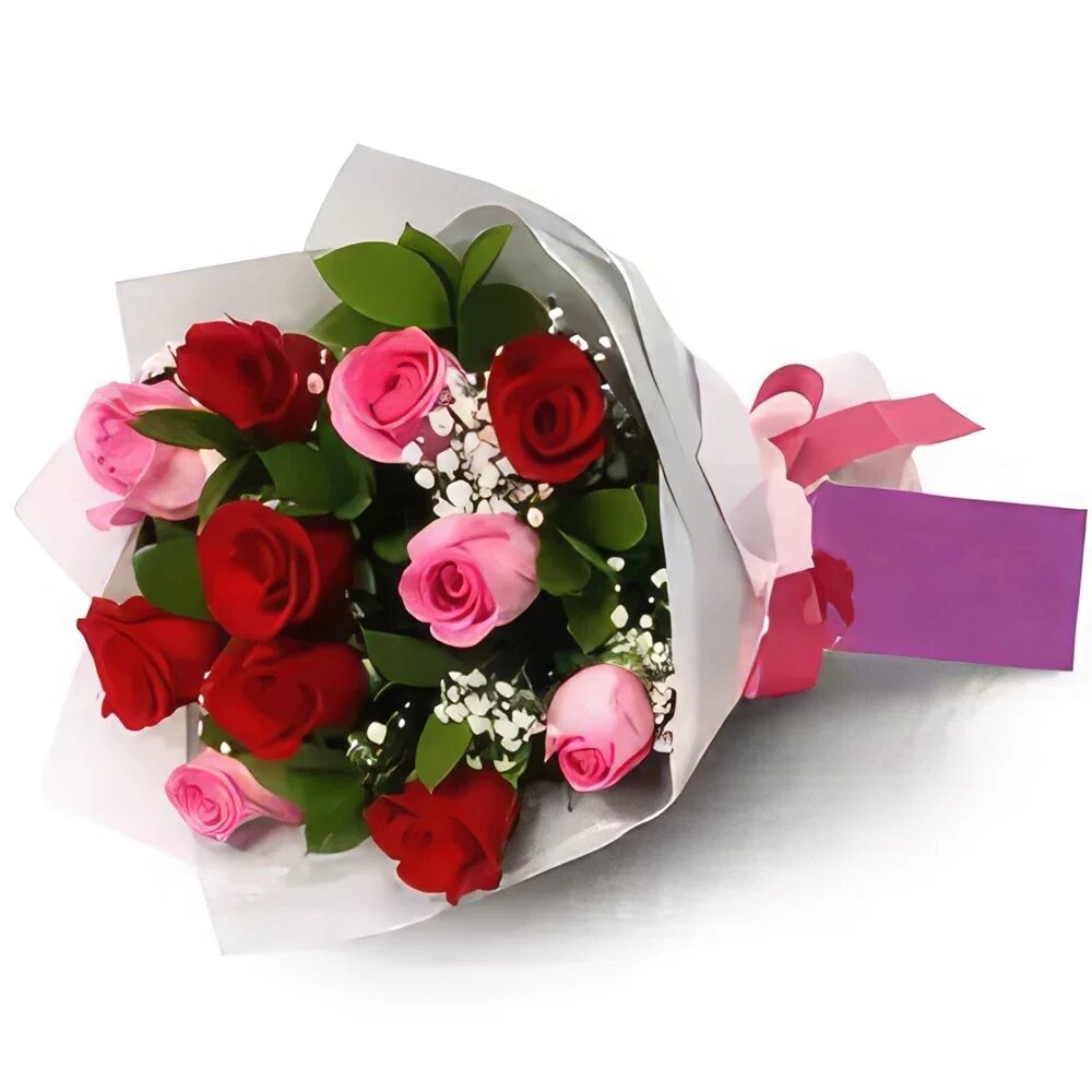Cute Red& Pink Roses Arranged in Grey n Pink Wrapping