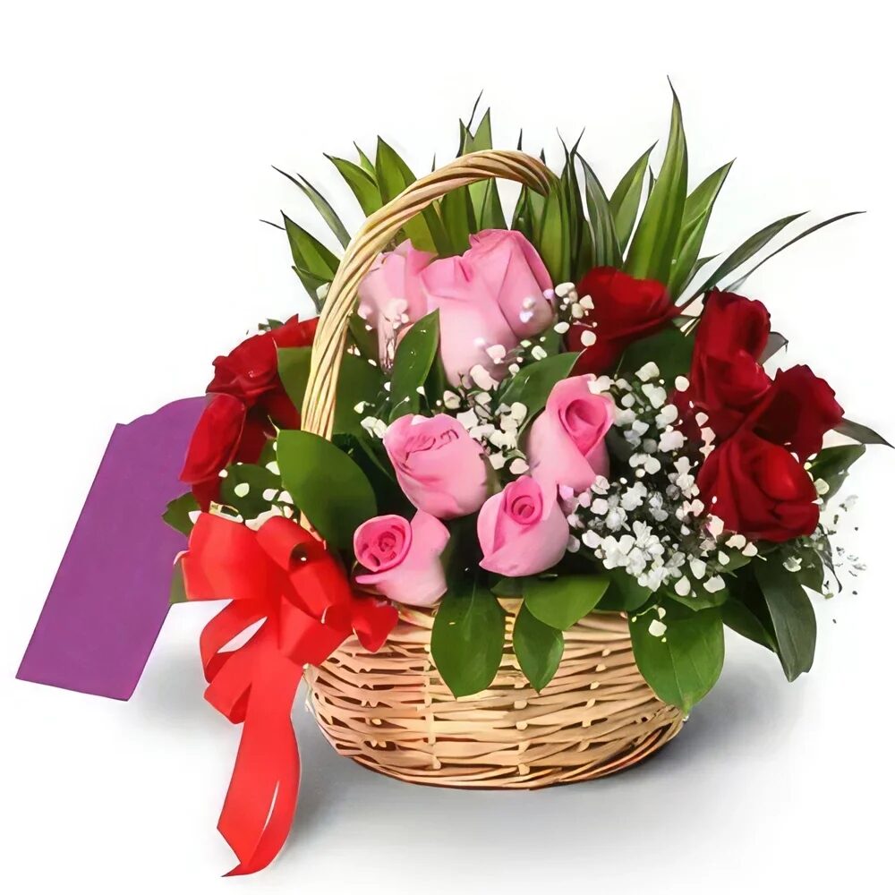 Handle Basket Filled with Red n Pink Roses