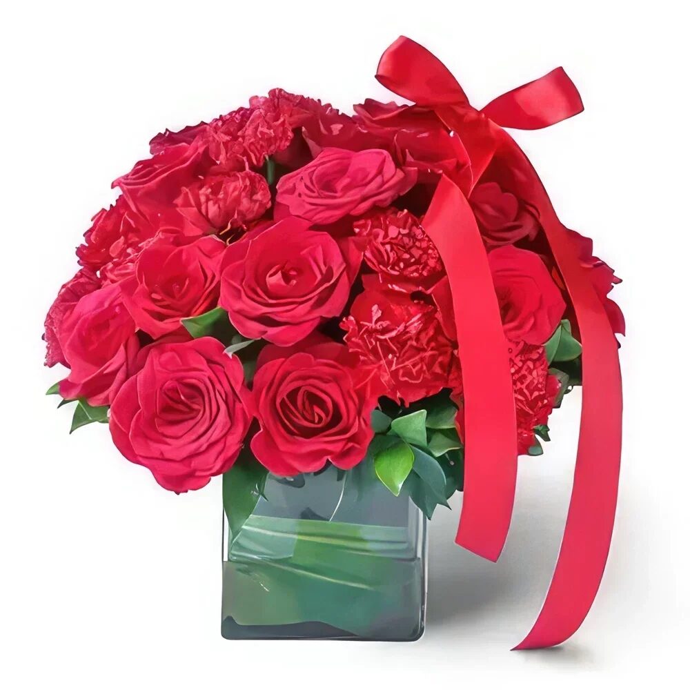 Red Roses& Carnations in Glass Vase