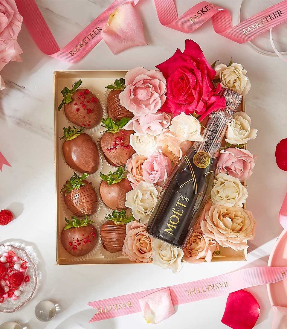 Wine & Floral Bliss with Strawberries Gift
