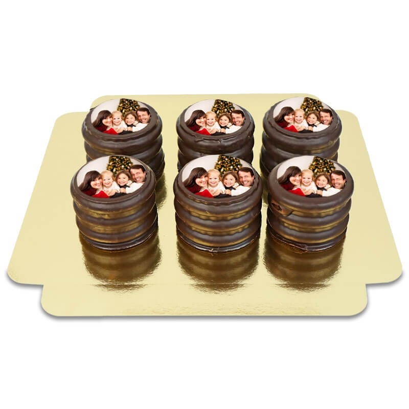 Set of 6 dark chocolate Baumkuchen cakes with photo