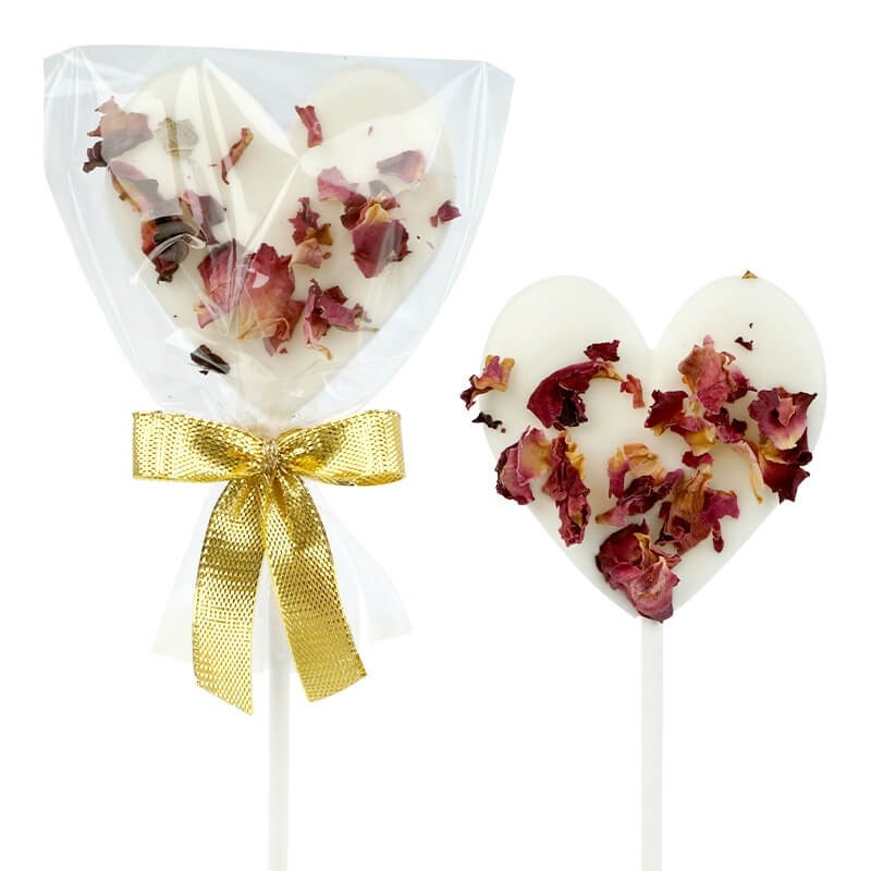 White heart lollipops with rose petals (10 pieces)