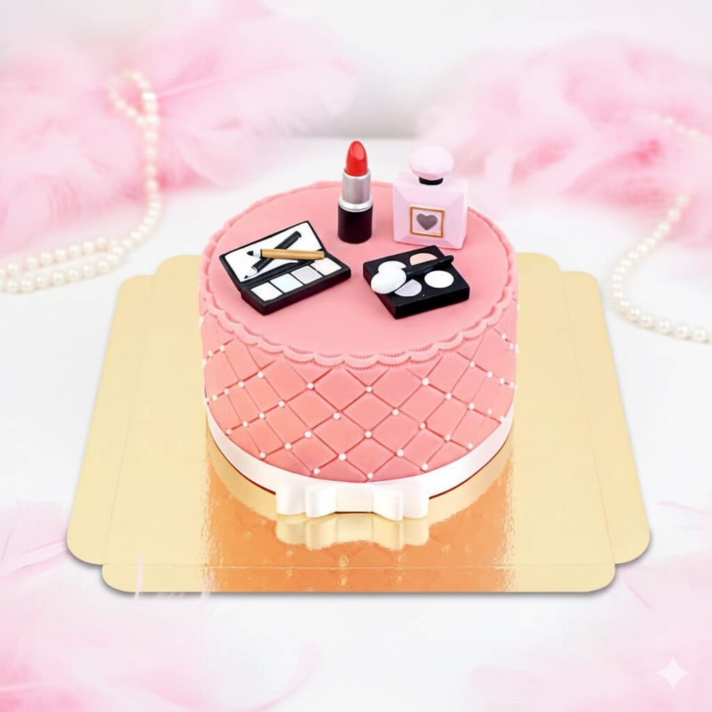 Deluxe make-up cake with white ribbon (Small (18 cm (12 servings)))