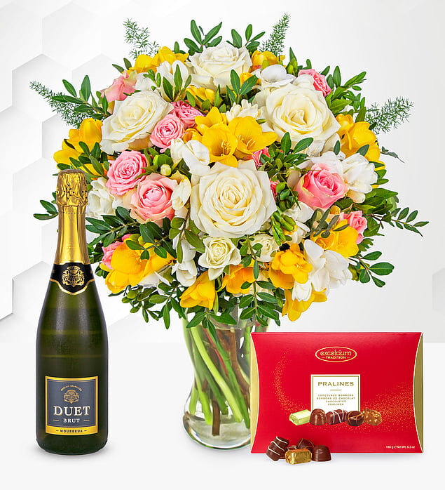 Rose and Freesia with Fizz & Chocolates (Standard)