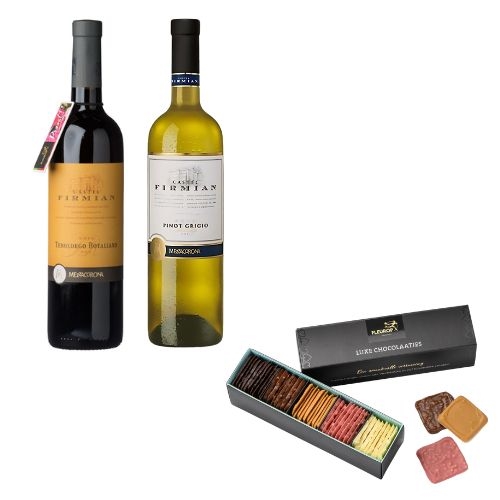 Wine package and a box of Belgian Chocolates flowers