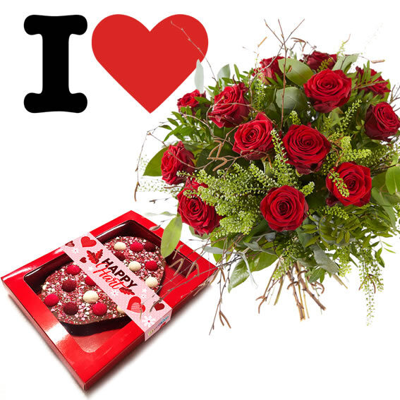 Bouquet "Lovely red roses & Happy Hart" (12 roses + Greens.)