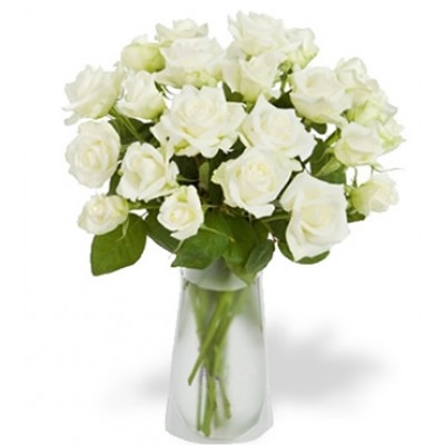 12 White Roses in Glass Vase