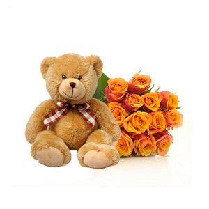 Dozen Peach Roses And A Bear