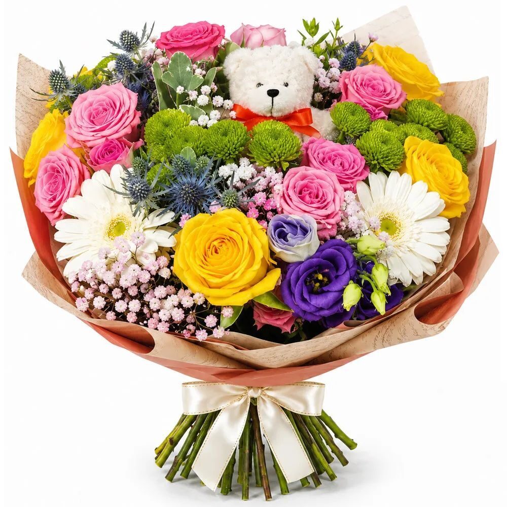 Colorful bouquet with a teddy bear
