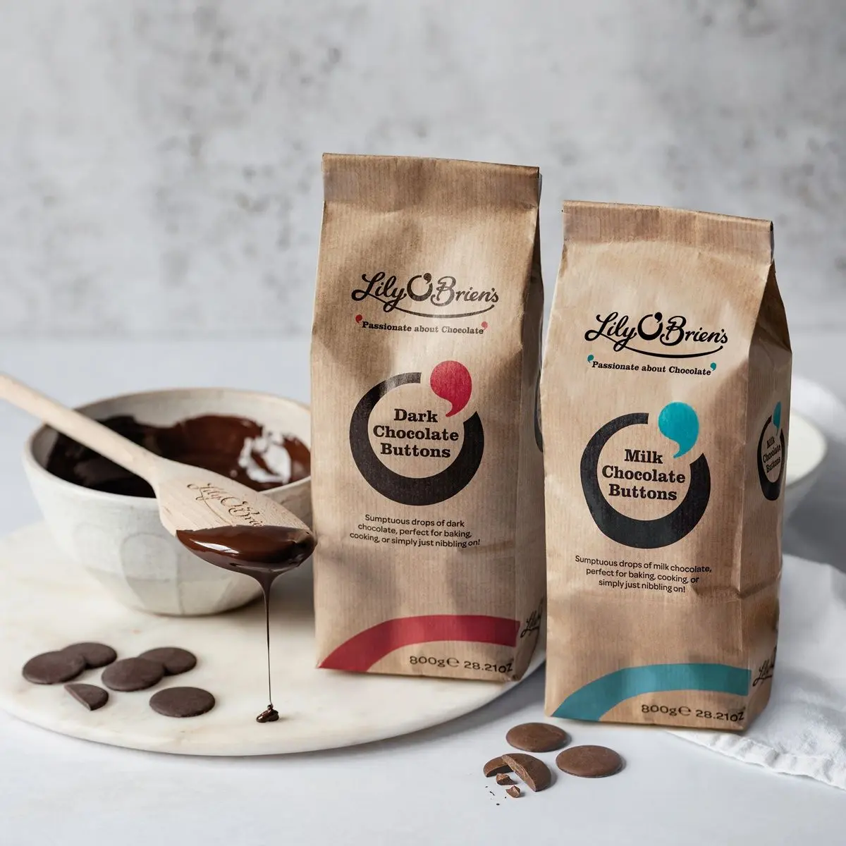 Milk & Dark Chocolate Baking Drops with Wooden Spoon.