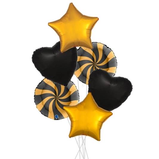 Gold and Black Spiral Party Mix Bouquets (Bunch of 6 Balloons)