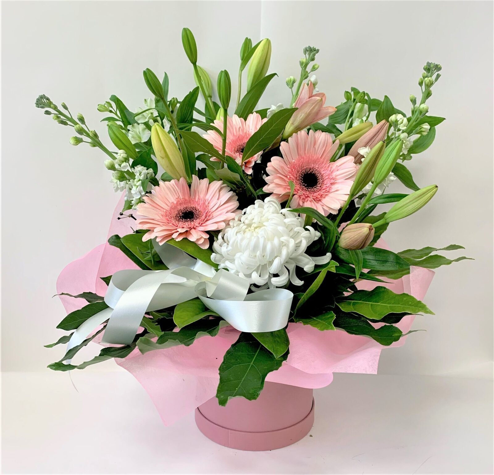 Pink and White Arrangement in Hat Box (Small)