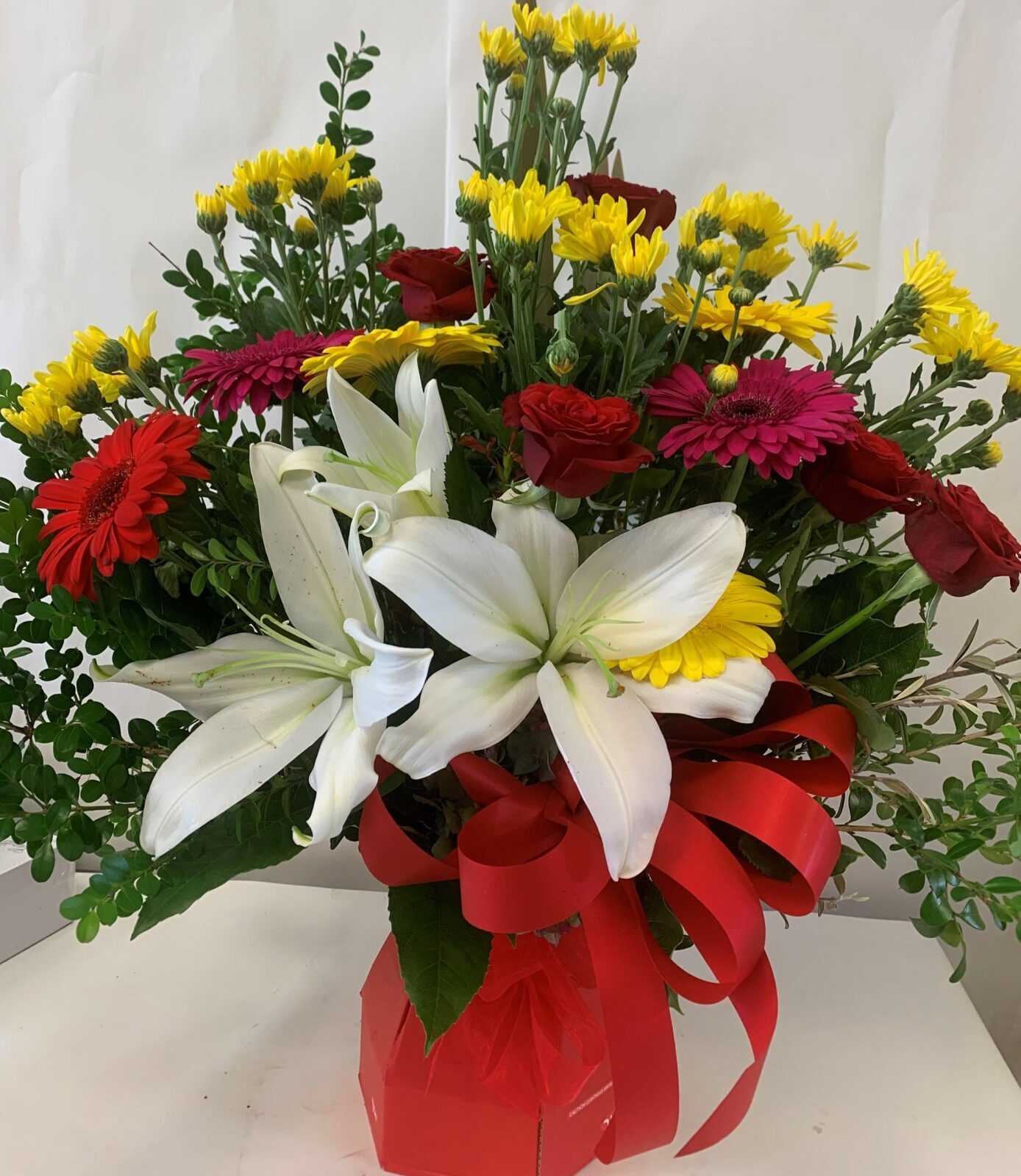 Bright Red and Yellow Arrangement in Red Box (Small)