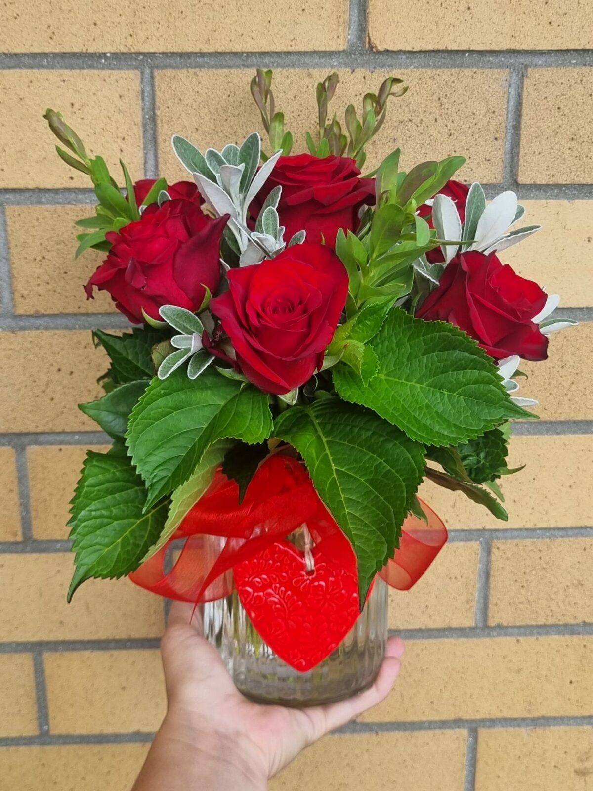 Red Rose Vase Posy With Ceramic Heart