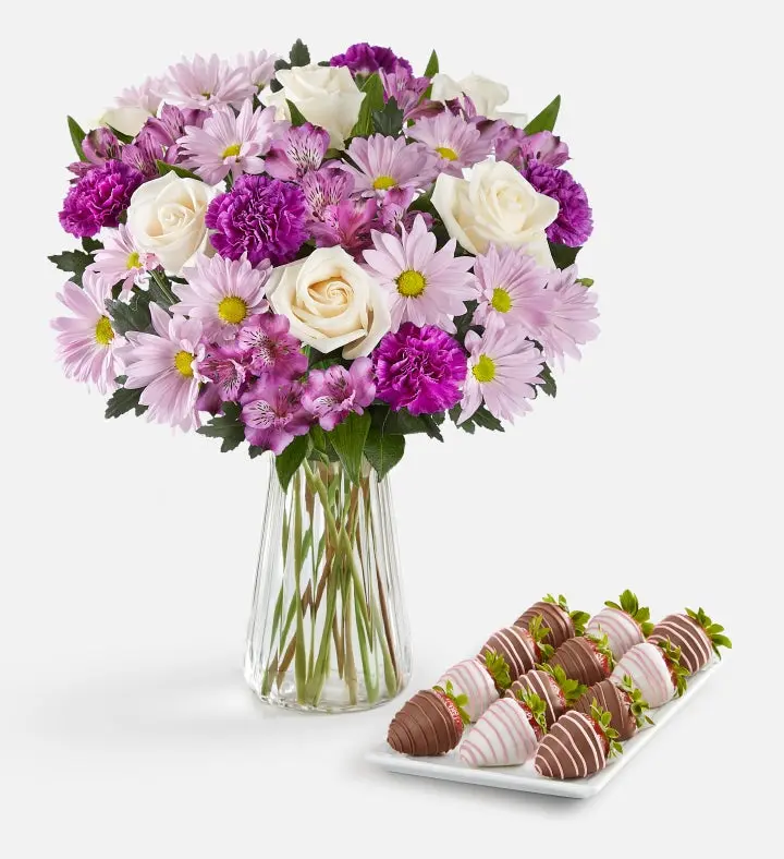 Lavender Garden & Mother’s Day Drizzled Strawberries (Bouquet with Vase & 6ct Mothers Day Drizzled Strawberries)