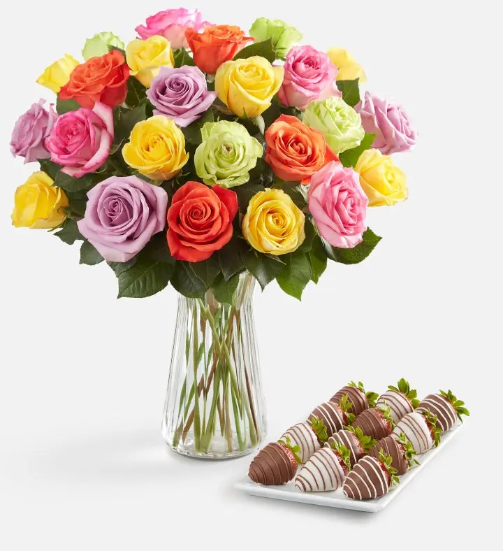 Assorted Roses & Drizzled Strawberries (12 Assorted Roses Bouquet Only & 6ct Gourmet Drizzled Strawberries)