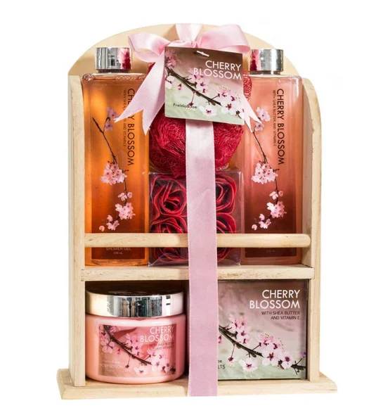 Cherry Blossom Fragrance Bath &Body Spa Gift Set Reusable Wooden Curio