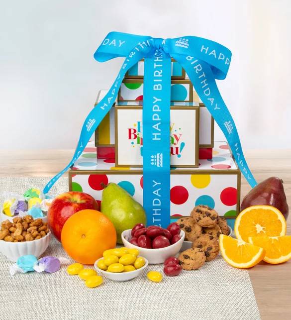 Happy Birthday Fresh Fruit & Sweets Tower (Happy Birthday Fresh Fruit & Sweets Tower)