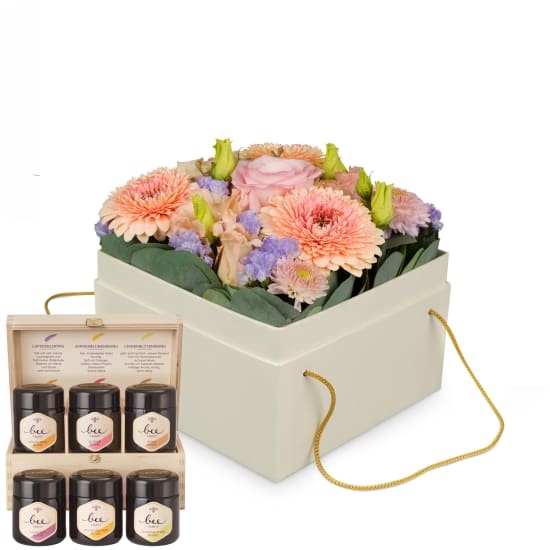 Flowerbox Barcelona (15 cm) with Bee-Family honey gift set