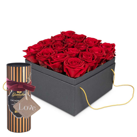 Flowerbox Â«ParisÂ» (20 cm) with Gottlieber cocoa almonds and hanging gift tag Â«LoveÂ»