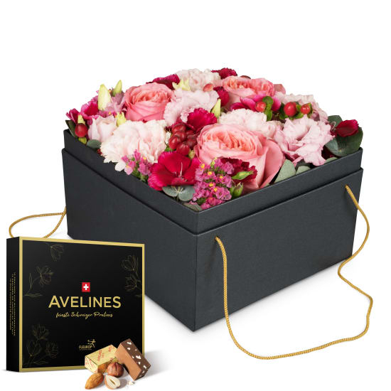 Fleurop Flowerbox «Seville» (20 cm) with Avelines pralines from Maestrani