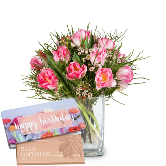 Flower bouquet «Delicate spring composition» with Munz bar of chocolate «Happy Birthday» (Minimum)