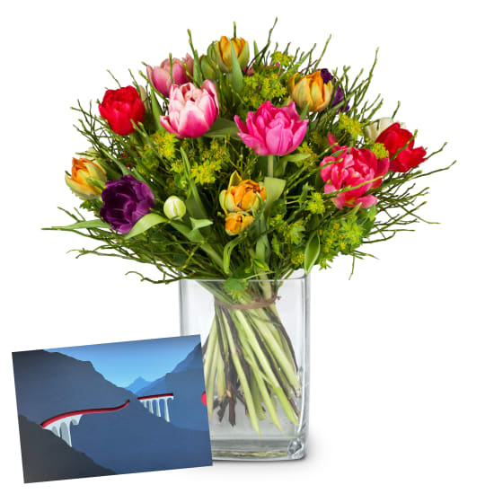 Flower bouquet «Colorful Tulip Dream» with a gift voucher from the Rhaetian Railway (Minimum)