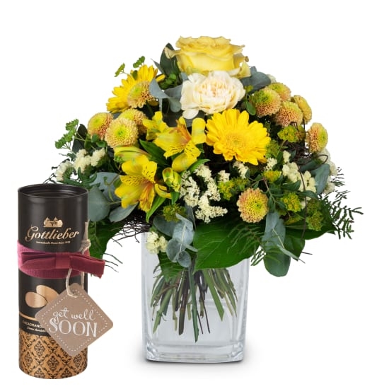 Sunny Vibes with Gottlieber cocoa almonds and hanging gift tag «Get Well Soon» (Minimum)