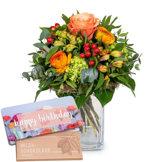 Flower bouquet «Signs of Spring» with Munz bar of chocolate «Happy Birthday» (Minimum)