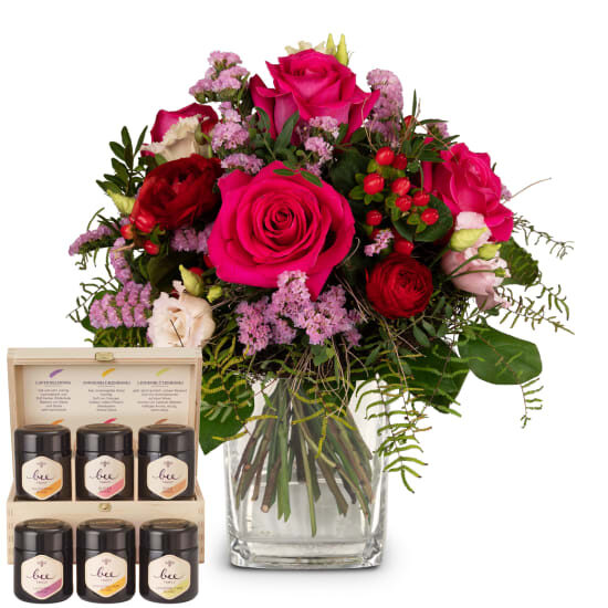 Flower bouquet «Poetry with Roses» with Bee-Family honey gift set (Minimum)