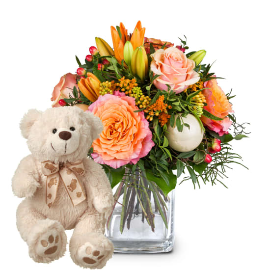 Flower bouquet "Magical Advent Season" with teddy bear (Minimum)