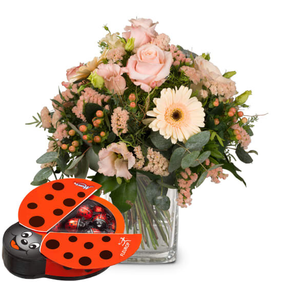 Delicate Seasonal Bouquet with Munz chocolate ladybird (Minimum)