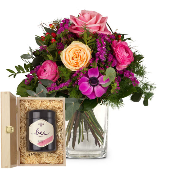Flower bouquet «Sweet Surprise» with Bee-Family Swiss blossom honey (Minimum)