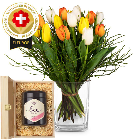 Flower bouquet «Swiss Tulips» with Bee-Family Swiss blossom honey