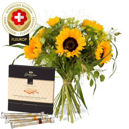 Sunflower bouquet with Swiss flowers and Gottlieber Happen «Special Edition for Giftblooms»