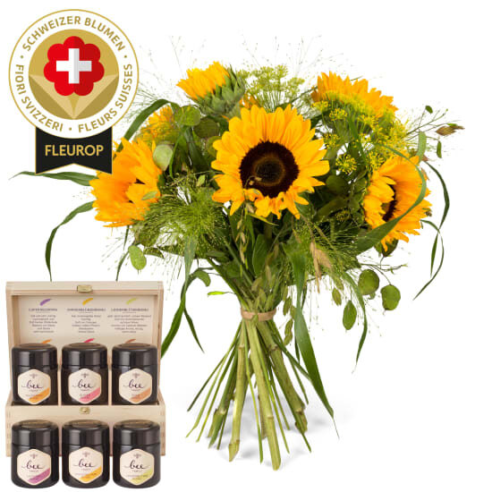 Sunflower bouquet with Swiss flowers and Bee-Family honey gift set