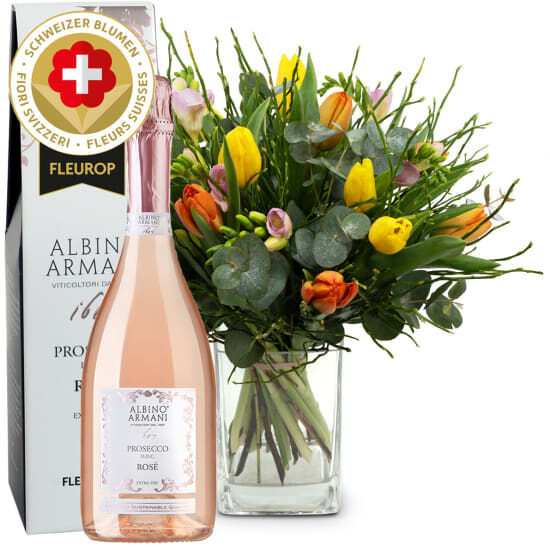 Flower bouquet «Swiss Spring Flowers» with Prosecco Rose Albino Armani DOC (75 cl)