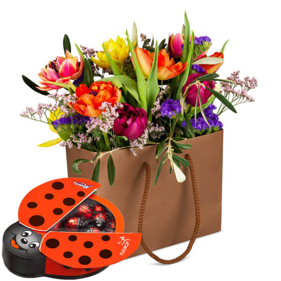 Flower bag «Pure spring» with Munz chocolate ladybird