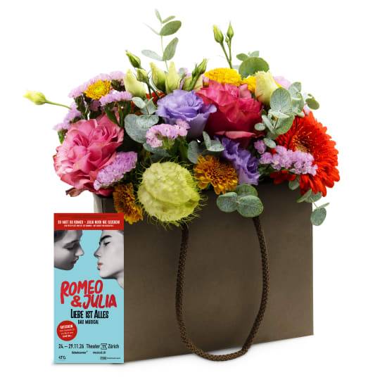 Flower bag «Happiness» with a  voucher for the musical «Romeo & Julia»