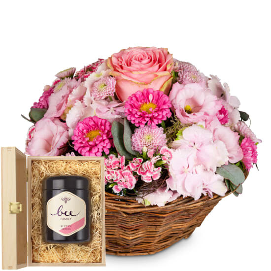 A Flower Greeting in Delicate Colors with Bee-Family Swiss blossom honey (Minimum)