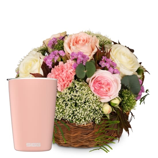A Basket full of Poetry with Roses with SIGG travel mug NESO Cup Pure Ceram Pink 0.3L (Minimum)