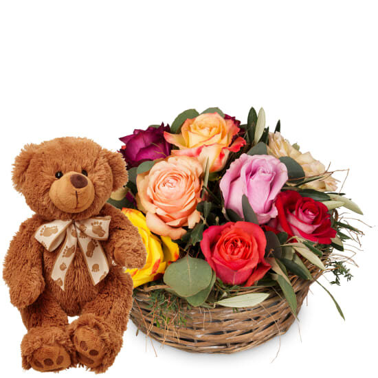 A Basket Full of Roses with teddy bear (Minimum)