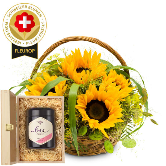 Sunflower arrangement with Swiss flowers and Bee-Family Swiss blossom honey