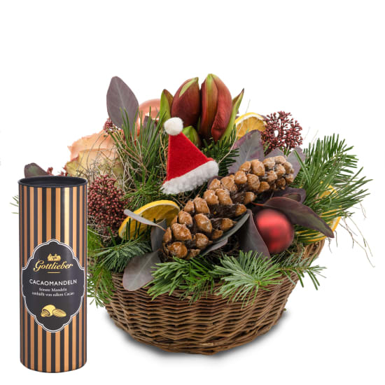 Flower arrangement "Playful Winter Arrangement" with Gottlieber cocoa almonds (Minimum)